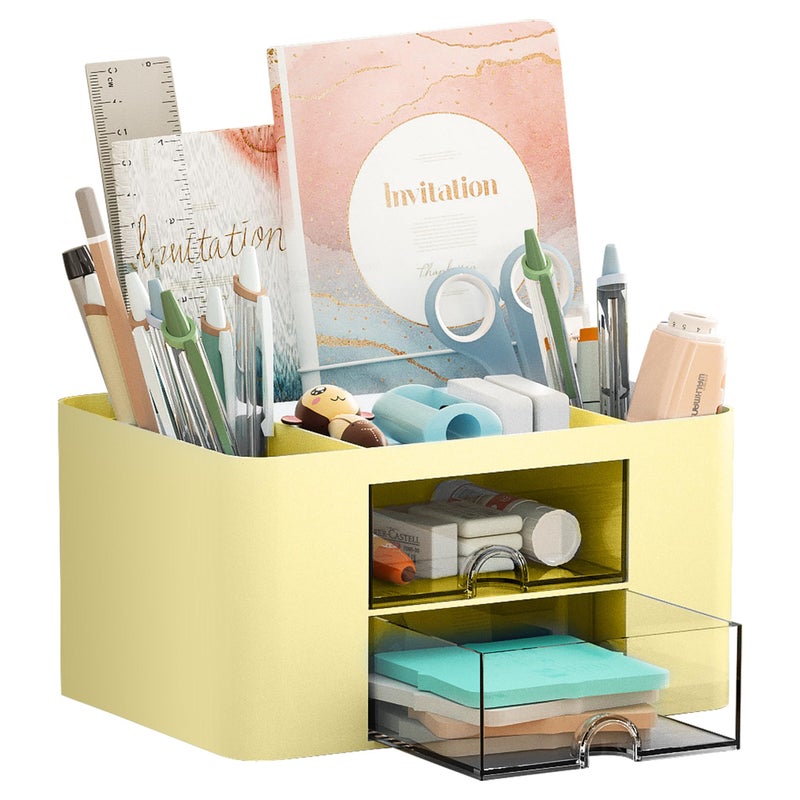 Marbrasse Pen Organizer with 2 Drawer, Multi-Functional Pencil Holder for Desk, Desk Organizers and Accessories with 5 Compartments + Drawer for Office Art Supplies (Yellow) - Image 1