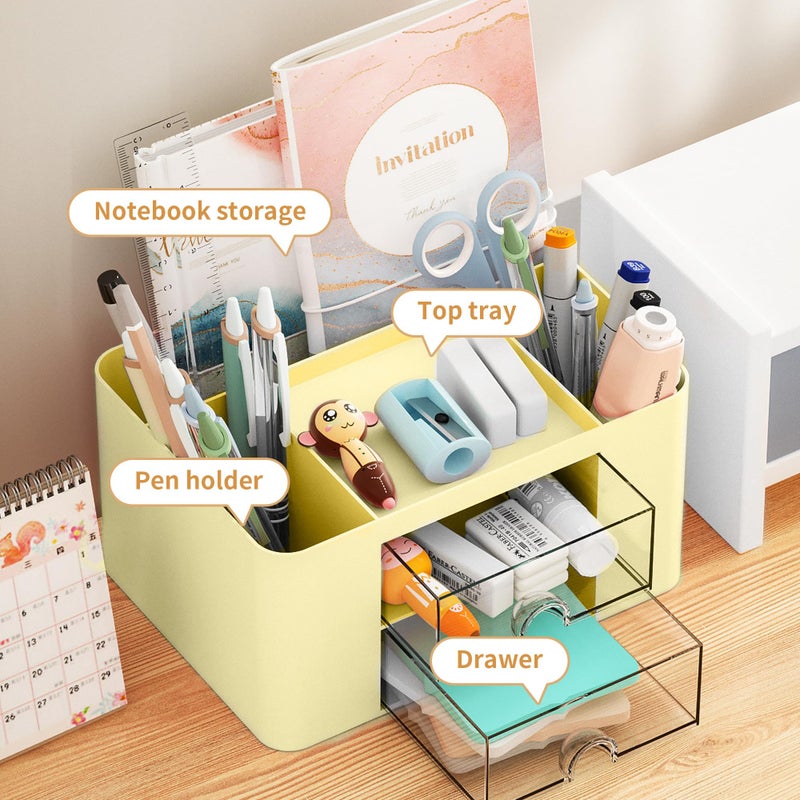Marbrasse Pen Organizer with 2 Drawer, Multi-Functional Pencil Holder for Desk, Desk Organizers and Accessories with 5 Compartments + Drawer for Office Art Supplies (Yellow) - Image 3