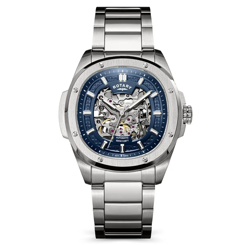 روتاري ساعة Rotary Apex 100 الرجالية الأوتوماتيكية (هيكل مكشوف/Skeleton) من الفولاذ المقاوم للصدأ، ميناء أزرق - RGB10079/05