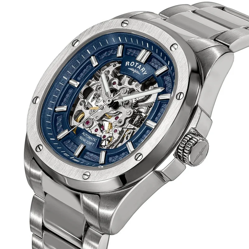 روتاري ساعة Rotary Apex 100 الرجالية الأوتوماتيكية (هيكل مكشوف/Skeleton) من الفولاذ المقاوم للصدأ، ميناء أزرق - RGB10079/05