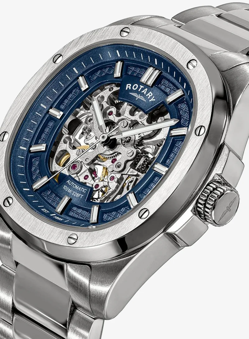 Rotary Rotary Men's Apex 100 Automatic Skeleton Dial Blue Dial Stainless Steel Bracelet Watch - RGB10079/05