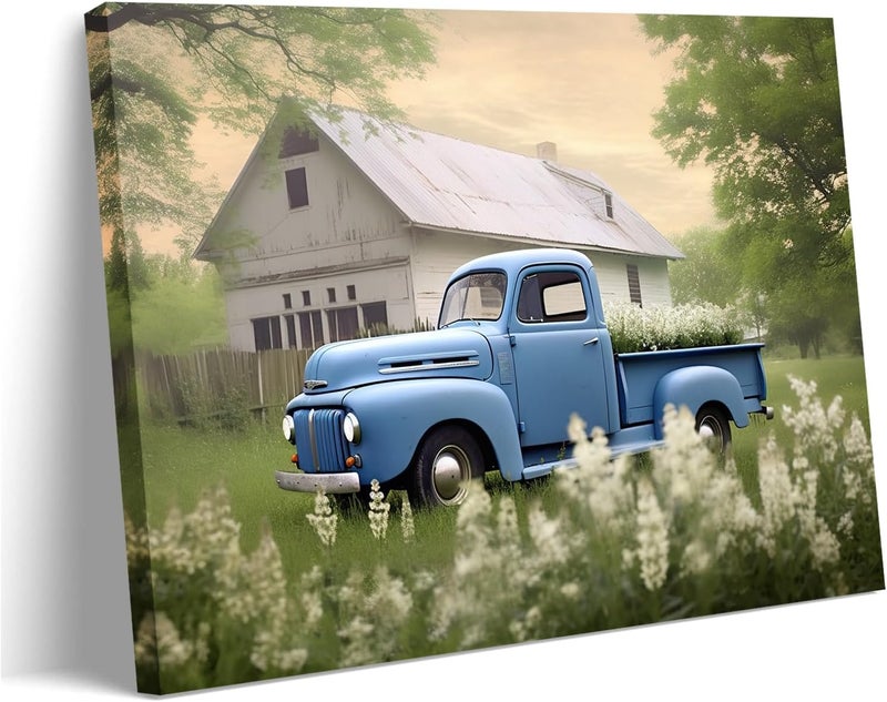 GLOKAKA Country Wall Art Farmhouse Blue Car with White Barn Flower Landscape Picture Vintage Painting Rustic Old Truck Farm Wall Decor Artwork for Home Living Room Bedroom - Image 1