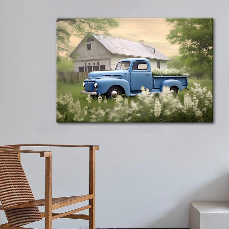 GLOKAKA Country Wall Art Farmhouse Blue Car with White Barn Flower Landscape Picture Vintage Painting Rustic Old Truck Farm Wall Decor Artwork for Home Living Room Bedroom - Image 3
