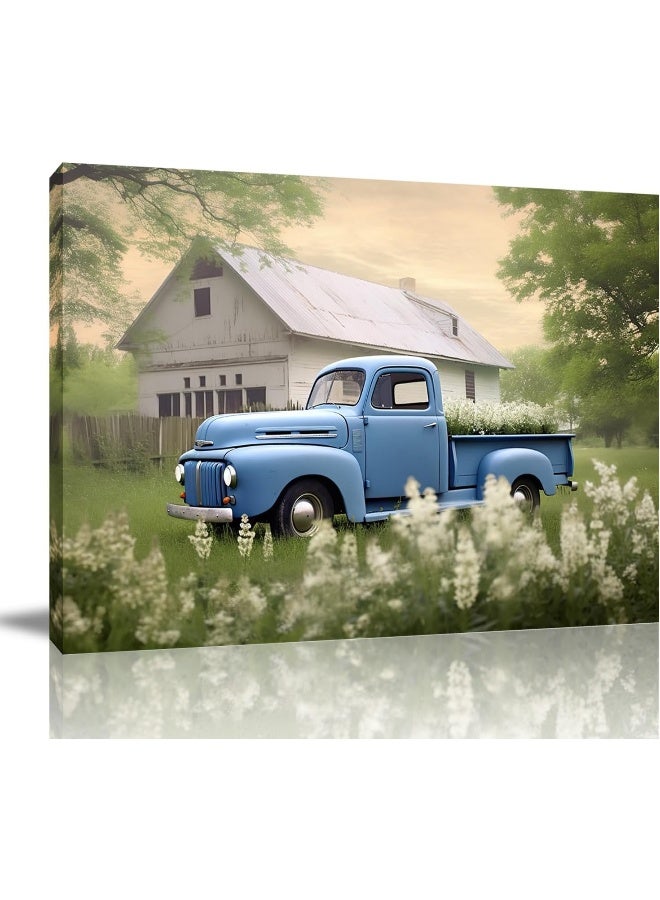GLOKAKA Country Wall Art Farmhouse Blue Car with White Barn Flower Landscape Picture Vintage Painting Rustic Old Truck Farm Wall Decor Artwork for Home Living Room Bedroom - Image 2