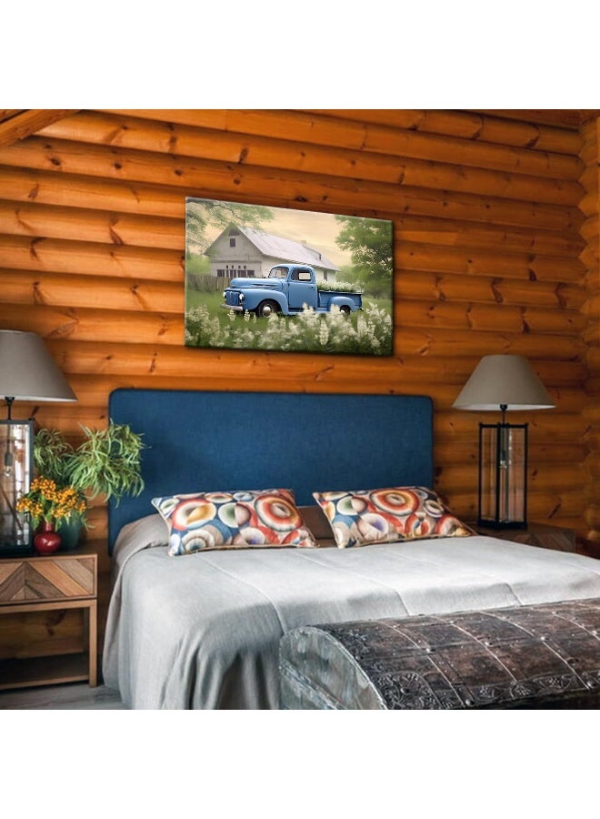 GLOKAKA Country Wall Art Farmhouse Blue Car with White Barn Flower Landscape Picture Vintage Painting Rustic Old Truck Farm Wall Decor Artwork for Home Living Room Bedroom - Image 5