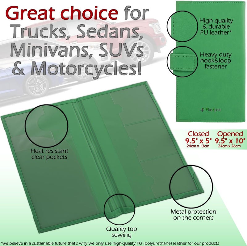 PlusXpres Auto Insurance and Registration Card Holder - Vehicle Glove Box Document Organizer - Car Essential Paperwork Holder for DMV, AAA, Contact Information Cards - Premium PU Leather Wallet Case - Green - Image 5