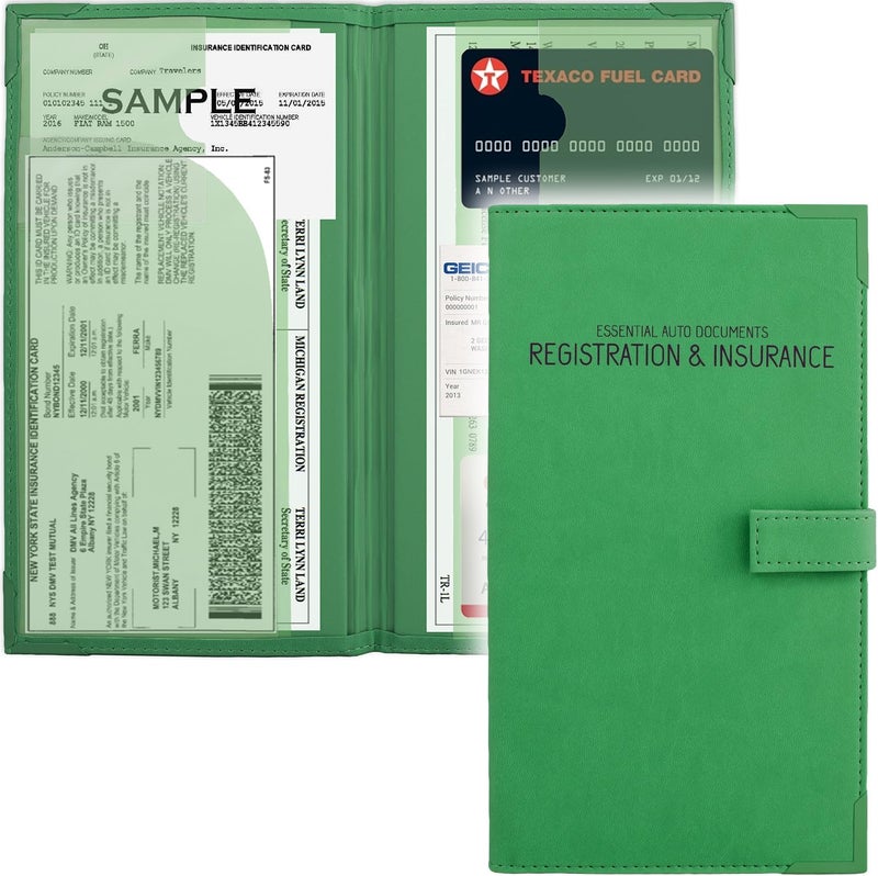 PlusXpres Auto Insurance and Registration Card Holder - Vehicle Glove Box Document Organizer - Car Essential Paperwork Holder for DMV, AAA, Contact Information Cards - Premium PU Leather Wallet Case - Green - Image 1