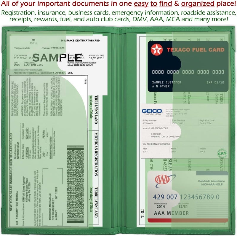 PlusXpres Auto Insurance and Registration Card Holder - Vehicle Glove Box Document Organizer - Car Essential Paperwork Holder for DMV, AAA, Contact Information Cards - Premium PU Leather Wallet Case - Green - Image 4