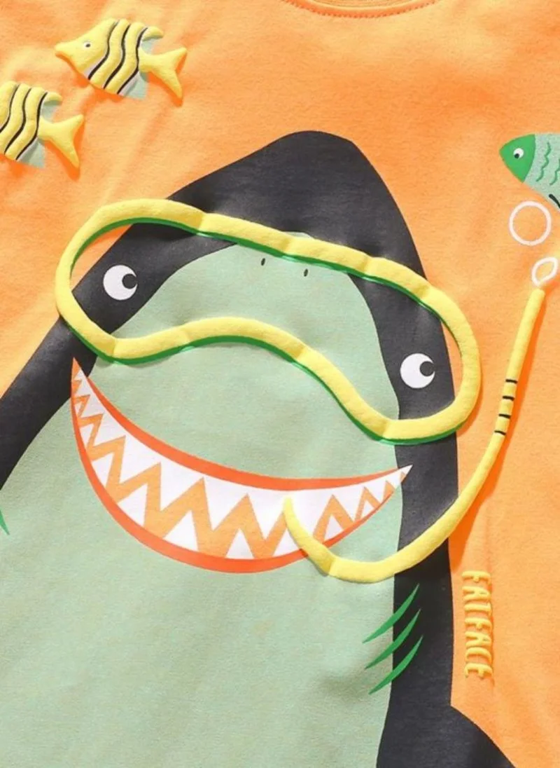 يونيكي Orange Printed Round Neck Applique T-shirt