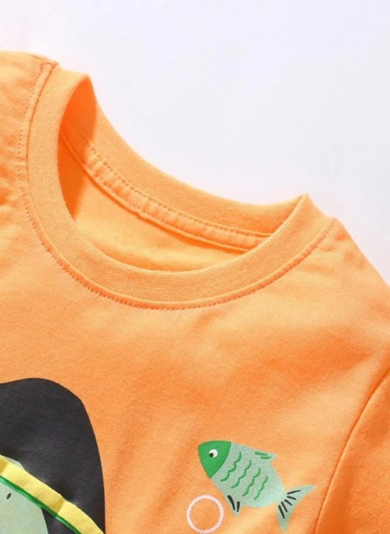 يونيكي Orange Printed Round Neck Applique T-shirt