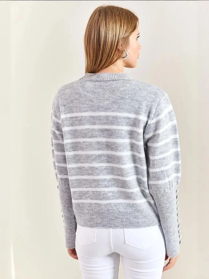 Bianco Lucci LUCCI Striped Knit Sweater with Button Detail