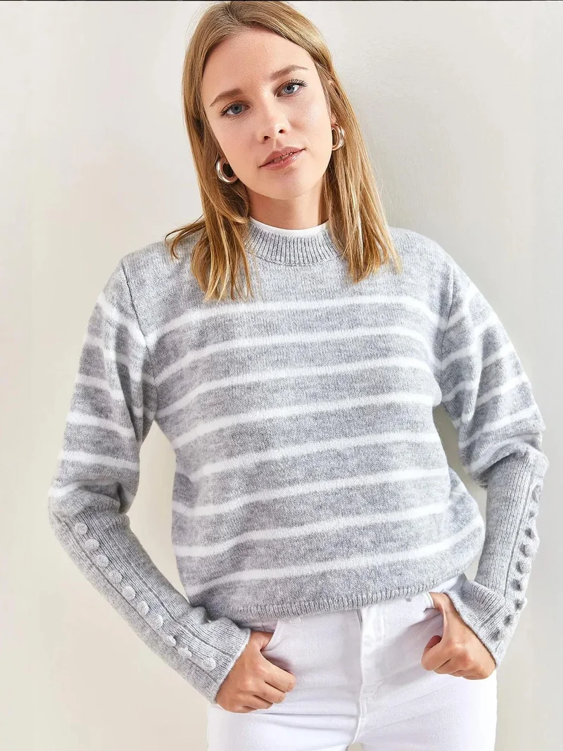Bianco Lucci LUCCI Striped Knit Sweater with Button Detail