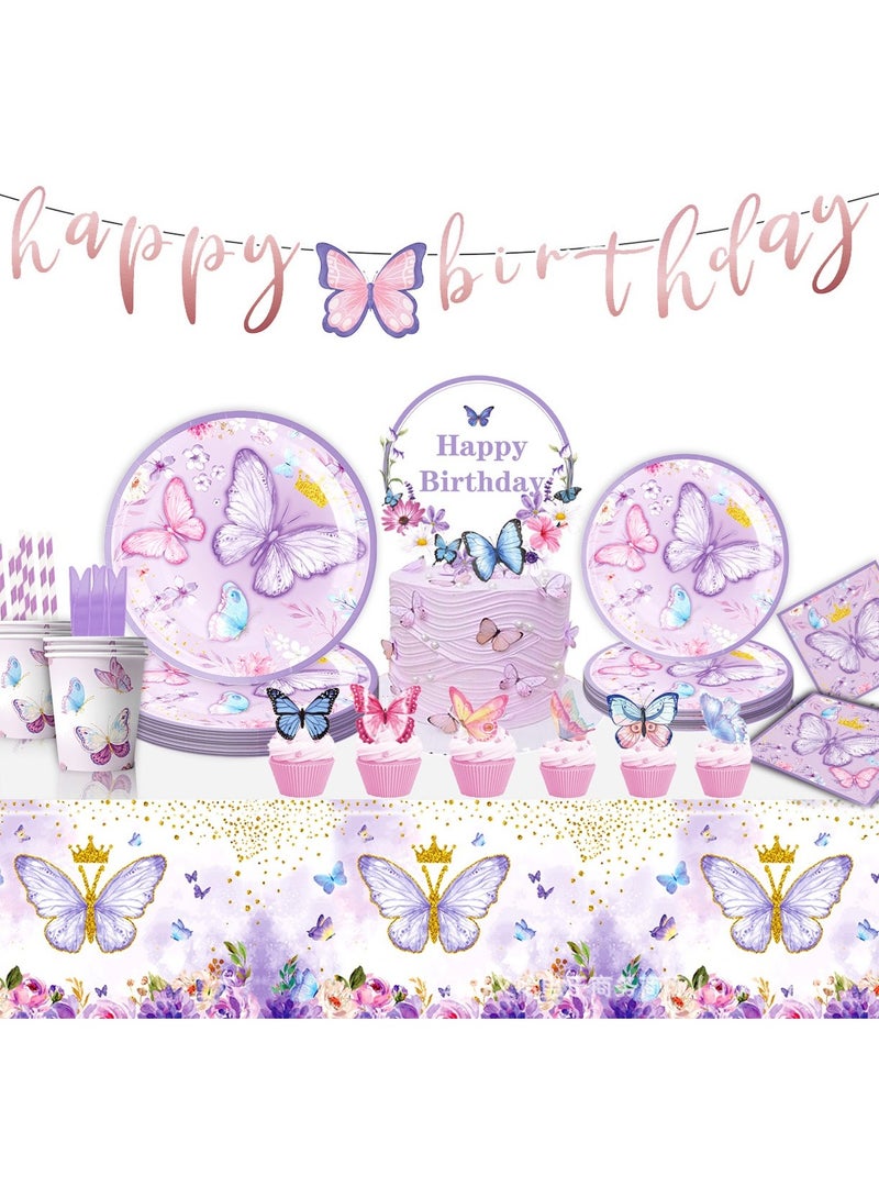 Royal Purple Butterfly Disposable Party Tableware Set – 131 PCS | Plates, Cups, Napkins, Cutlery  Decorations  - Image 1