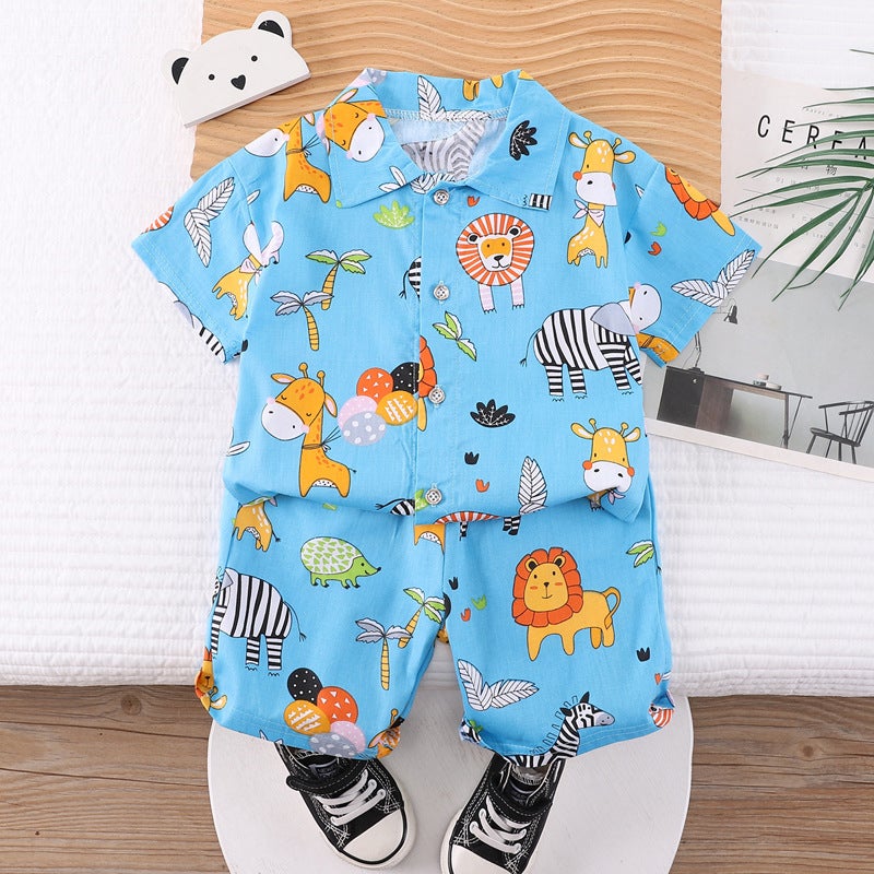 Short-sleeved shorts baby thin summer cartoon two-piece suit summer lapel baby summer handsome two-piece set light blue Zebra Lion 