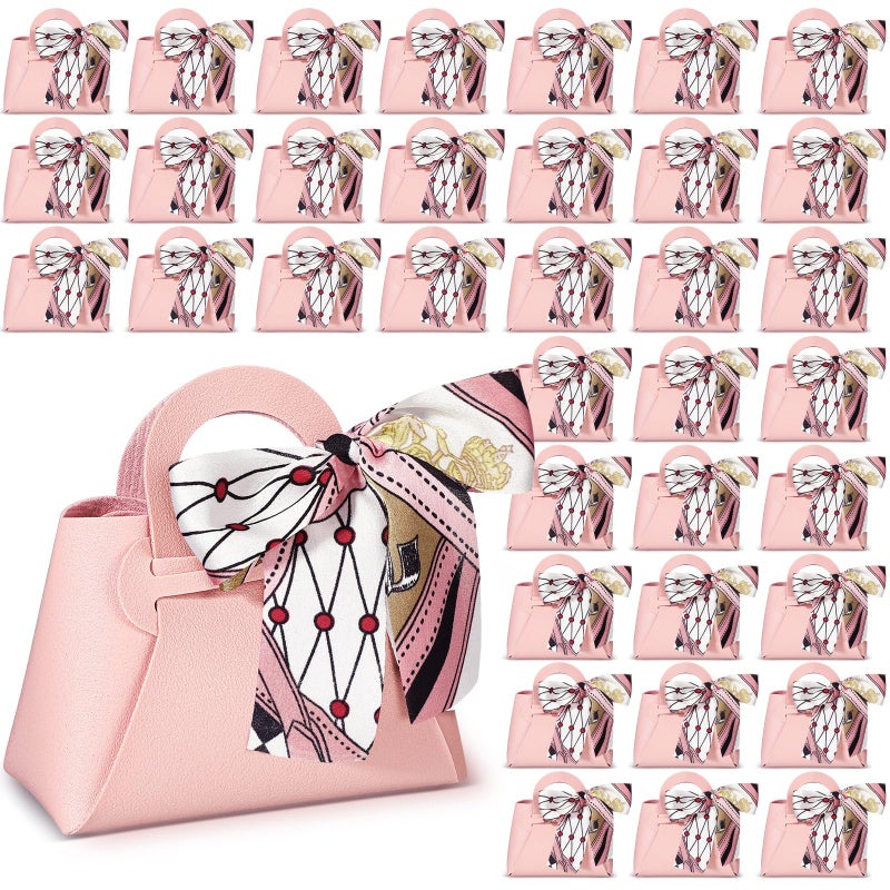 Abbylike 36 Pcs PU Leather Purse Gift Bags with Handles Ribbon Wedding Purse Party Favor Bags Valentines Candy Boxes for Baby Showers Birthday Wedding (Pink) - Image 1