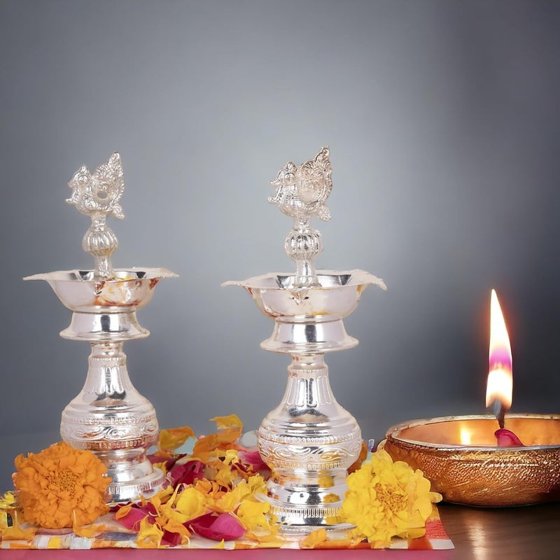 Sigaram 8 Inch Peacock Handle Pure German Silver Diya Lamp Deepam for Home Puja Decor K4240 - Image 1