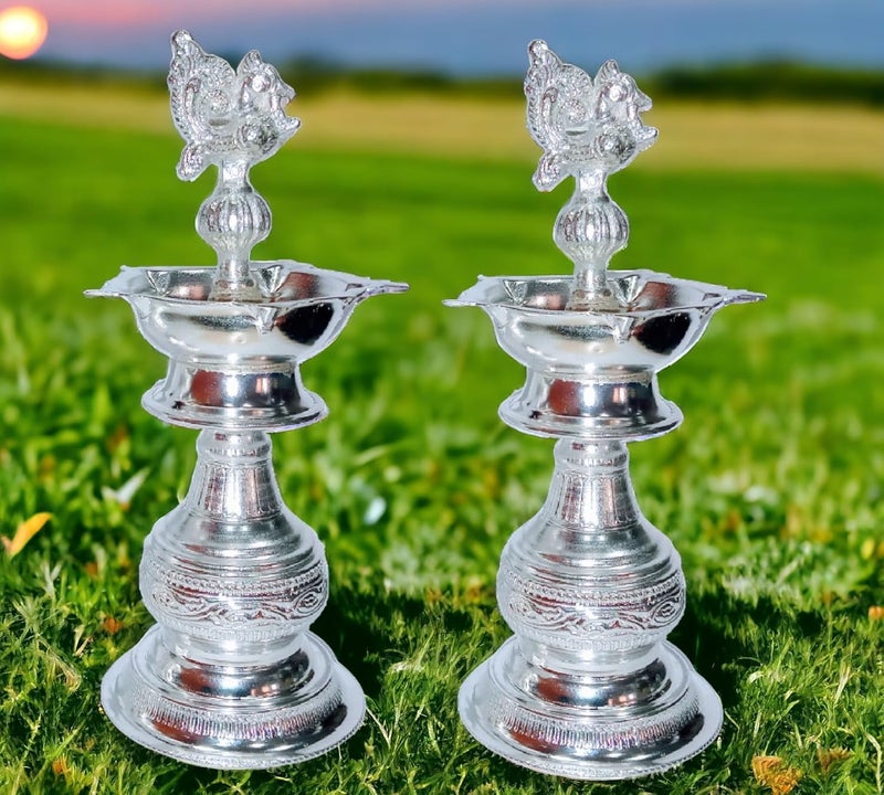 Sigaram 8 Inch Peacock Handle Pure German Silver Diya Lamp Deepam for Home Puja Decor K4240 - Image 2