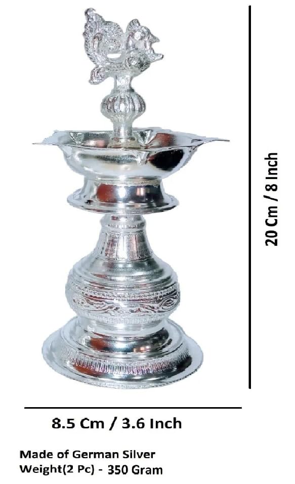 Sigaram 8 Inch Peacock Handle Pure German Silver Diya Lamp Deepam for Home Puja Decor K4240 - Image 5