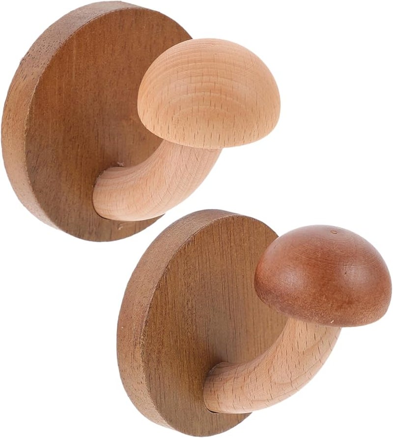 خطافات معطف فطر خشبية مثبتة على الحائط 2 قطعة خشب طبيعي للمدخل الحمام المطبخ - Image 2