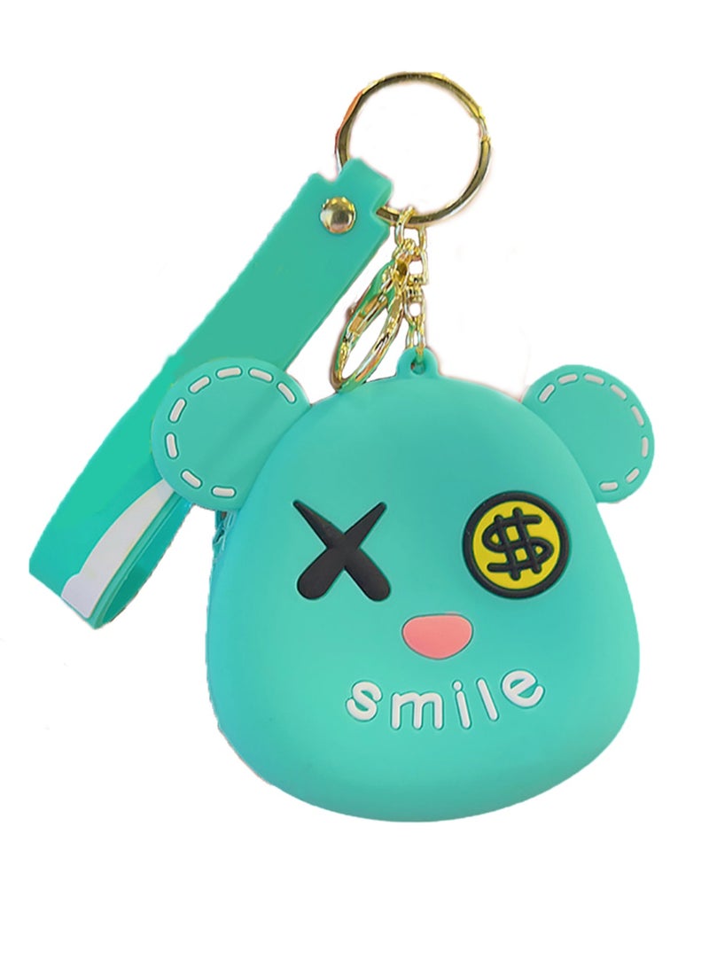 Cartoon Bear Coin Purse Mini Card Holder Children's Silicone Wallet Keychain（Green） - Image 1