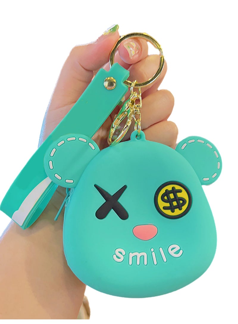 Cartoon Bear Coin Purse Mini Card Holder Children's Silicone Wallet Keychain（Green） - Image 3