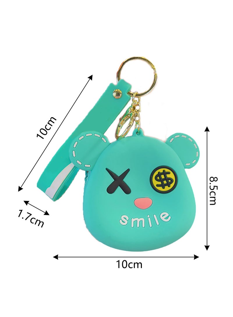 Cartoon Bear Coin Purse Mini Card Holder Children's Silicone Wallet Keychain（Green） - Image 2