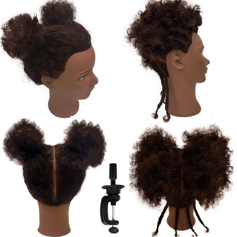 headdoll Afro Curly Mannequin Head with 100% Human Hair Curly Hair Hairdresser Hair Styling Cosmetology Manikin Head Doll head for Hairdresser Practice Styling Dye Braiding with Clamp Stand - Image 5