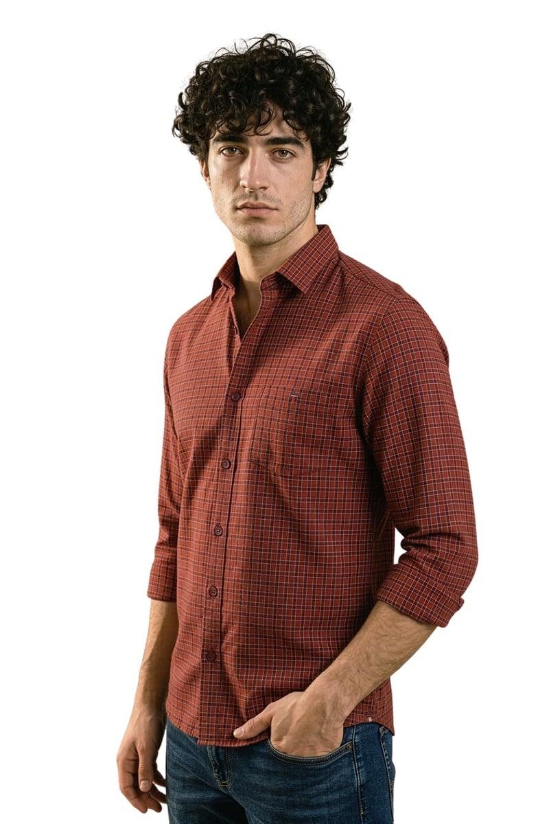 LOUIS PHILIPPE قميص لويس فيليب للرجال من القطن بقصة ضيقة (LYSFCSLBJ13729_Maroon, 44) - Image 1