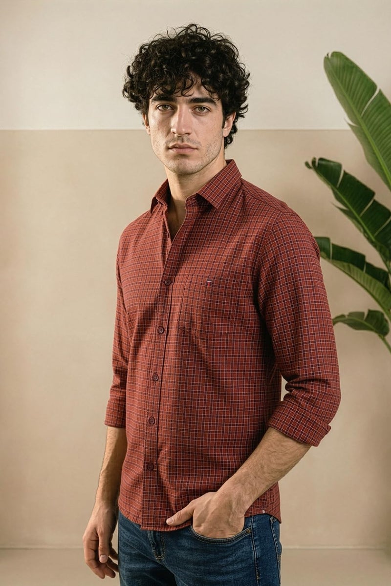 LOUIS PHILIPPE قميص لويس فيليب للرجال من القطن بقصة ضيقة (LYSFCSLBJ13729_Maroon, 44) - Image 2