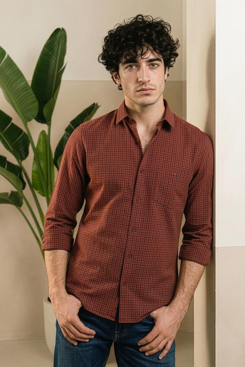 LOUIS PHILIPPE قميص لويس فيليب للرجال من القطن بقصة ضيقة (LYSFCSLBJ13729_Maroon, 44) - Image 3