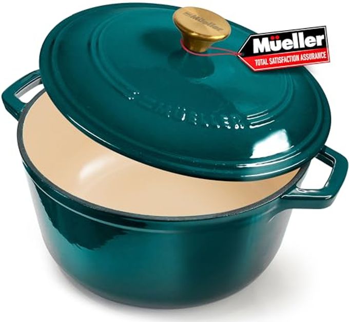 Mueller DuraCast 6 Quart Enameled Cast Iron Dutch Oven Pot with Lid, Heavy-Duty, Oven Safe up to 500 F & Across All Cooktops, Wedding Registry Ideas & Gifts, Emerald