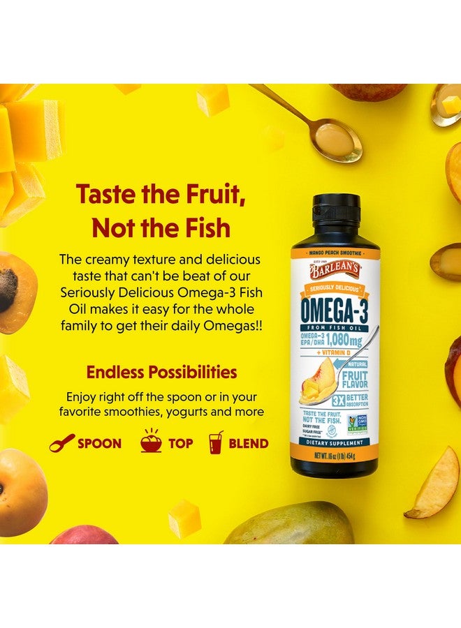 Barlean's Mango Peach Omega 3 Fish Oil Liquid Supplement with Vitamin D, 1080mg EPA & DHA Fatty Acid, Smoothie Flavored & Burpless for Brain, Joint, & Heart Health, 16 oz - Image 3