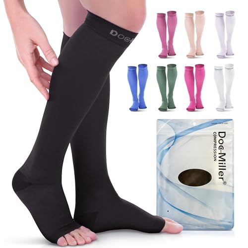 Doc Miller Open Toe Compression Socks, 20-30 mmHg, Toeless Compression Sleeves for Legs, Knee High Stockings for Shin Splints, Varicose Veins, Travel, Calf Support & Muscle Recovery, Men & Women, Pair - Image 1