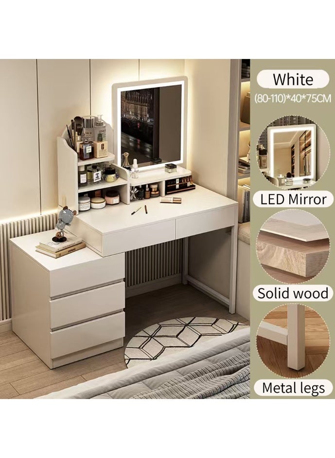 Vanity Desk, Makeup Dressing Table Vanity Bench with LED Mirror, Multifunctional Dresser Makeup Storage Cabinet with Drawers for Women and Girls 110*40*137cm, White - Image 1