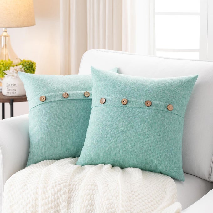 SET OF 2 AQUA SQUARE PILLOW COVERS 16 X 16 FARMHOUSE BOHO PILLOW COVERS WITH COCONUT BUTTONS FOR SOFA COUCH LIVING ROOM BEDROOM FARMHOUSE DCOR FOR THE HOME