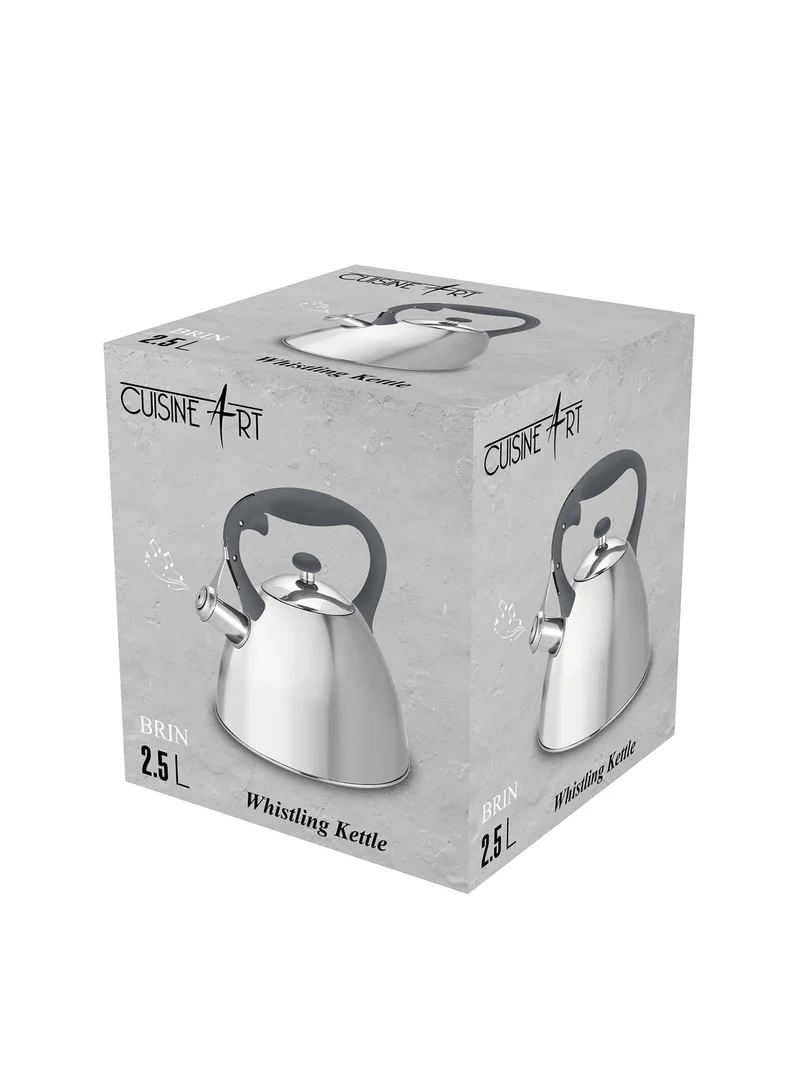 Cuisine Art Cuisine Art BRIN Stainless Steel Whistling Tea Kettle 2.5L, Silver, Nylon Handle, Satin Finish, 201 Stainless Steel, Soft Touch Coating, 18/0 Single Bottom, Suitable for use on all stove tops