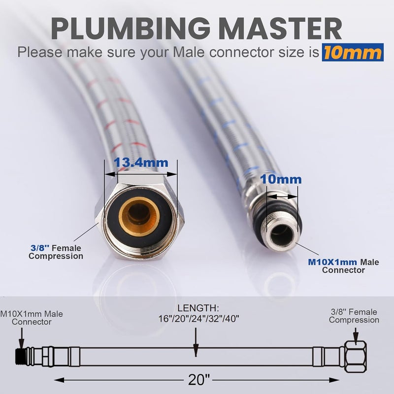 Arcora 20" Bathroom Faucet Hose, Braided Nylon cUPC Supply Lines 3/8" Female Compression × M10 Male Connector(1 Pair) - Image 2