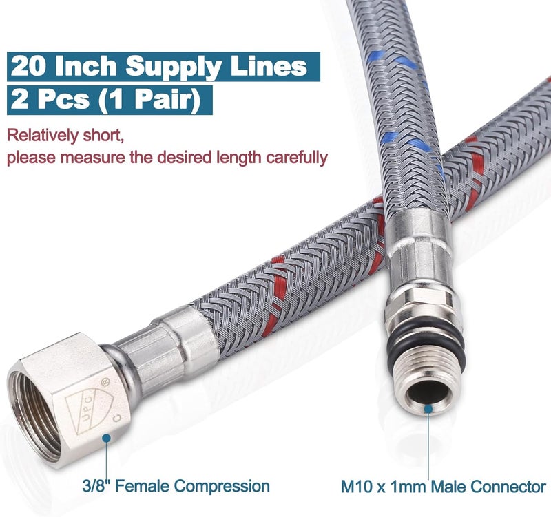 Arcora 20" Bathroom Faucet Hose, Braided Nylon cUPC Supply Lines 3/8" Female Compression × M10 Male Connector(1 Pair) - Image 3