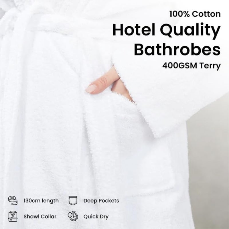 100% Cotton Terry Unisex Adult Bathrobe - Super Soft and Highly Absorbent Ideal for Everyday e - with Shawl collar White,One Size - Image 2