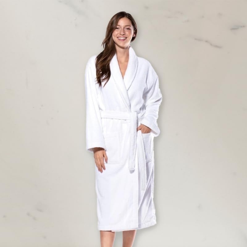 100% Cotton Terry Unisex Adult Bathrobe - Super Soft and Highly Absorbent Ideal for Everyday e - with Shawl collar White,One Size - Image 3