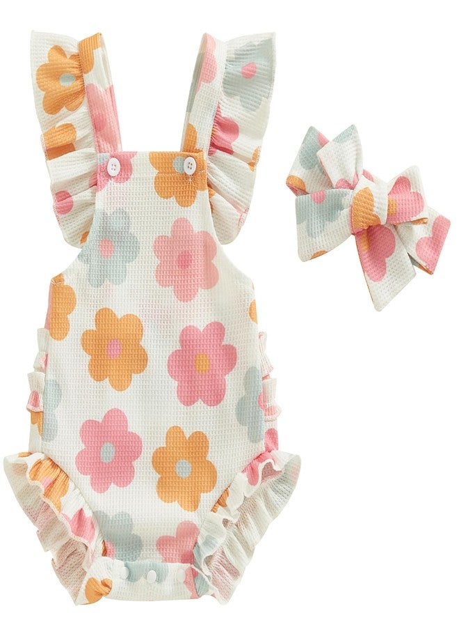Mubineo Baby Girl Summer Clothes Ruffle Overall Romper Outfits Cute Sleeveless Overalls Rompers Newborn Outfit (White Pink Flower, 3-6 Months) - Image 1