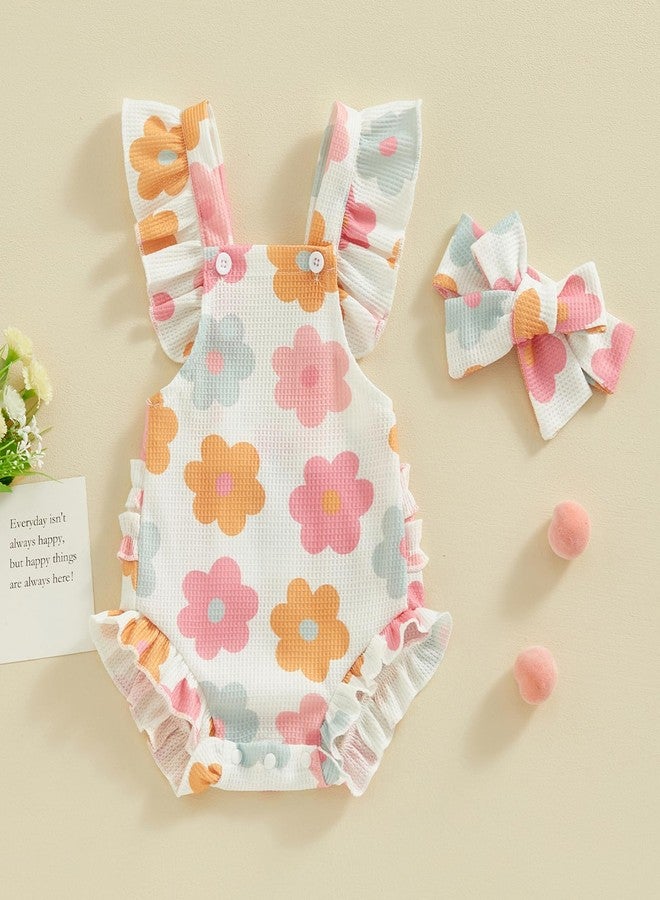 Mubineo Baby Girl Summer Clothes Ruffle Overall Romper Outfits Cute Sleeveless Overalls Rompers Newborn Outfit (White Pink Flower, 3-6 Months) - Image 2