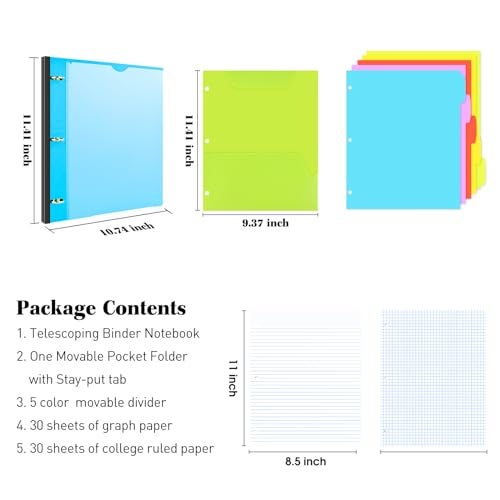 INFUN All-in-one Telescoping Binder Notebook, Refillable 3 Ring Notebook Binder with 1 Plastic Movable Pocket Folder,5 Plastic Subject dividers and Graph Paper and College Ruled Paper - Blue - Image 2