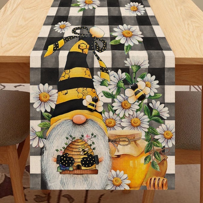 SPRING BEE GNOME TABLE RUNNER HONEY BLACK WHITE BUFFALO PLAID CHECK HOME KITCHEN DINING DECOR SUMMER SEASONAL FARMHOUSE DAISY DECORATIONS INDOOR OUTDOOR ANNIVERSARY PARTY SUPPLY 13 X 36 INCH