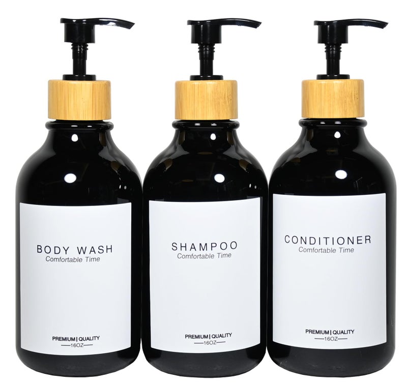 Gails Willing Shampoo and Conditioner Bottles Apothecary Dispenser Bamboo Pump Refillable Shampoo Bottles for Shampoo Lotion Oil Shower Soap Hand Soap and Dish Soap Plastic Black Set Black 