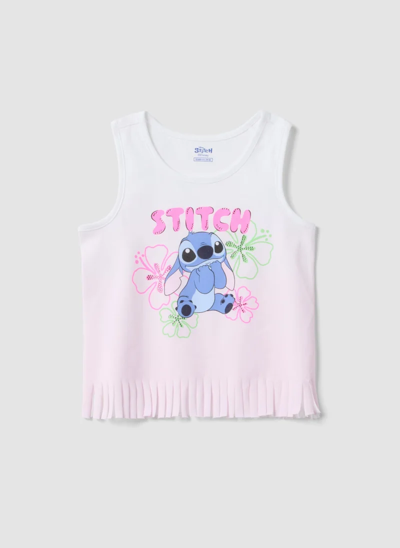 OVS White And Pink Pure Cotton Girls Vest Top With Fringes And Stitch