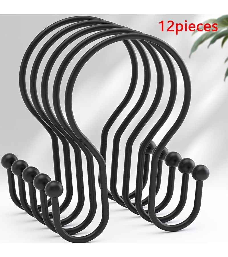 Black 12 Pack Double Roller Shower Curtain Hooks Rustproof Smooth Metal - Image 1