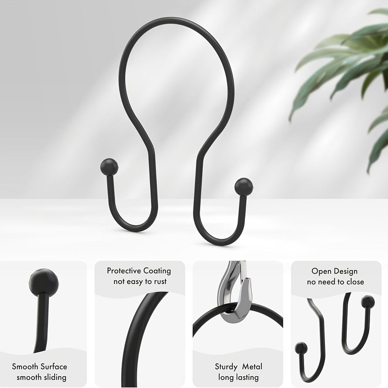 Black 12 Pack Double Roller Shower Curtain Hooks Rustproof Smooth Metal - Image 2