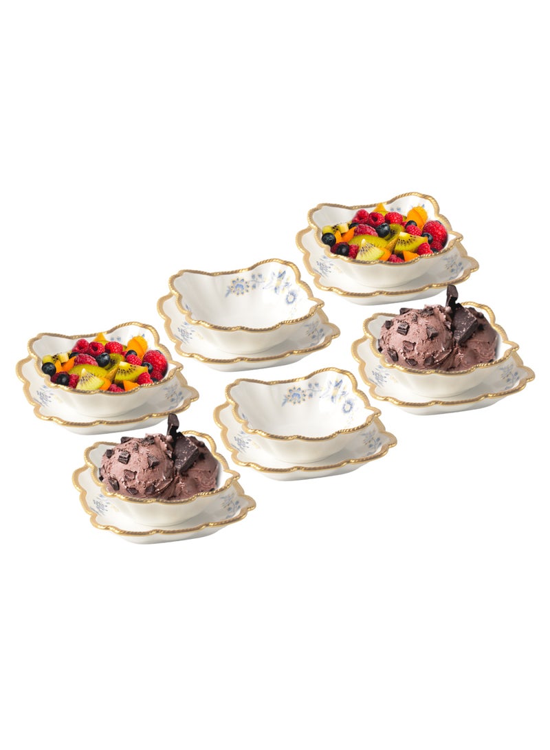 Life Smile LIFE SMILE 6-Piece Bowl and Saucer Set, White & Gold, Serving Bowls for Soup, Dessert, Appetizer, Snack, Dinnerware - Image 1