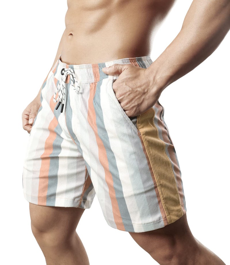 JOTOOK Men's Casual Drawstring Corduroy Shorts Elastic Waist Summer Shorts with Pocket Hawaiian Short Large Grey White Stripe - Image 4